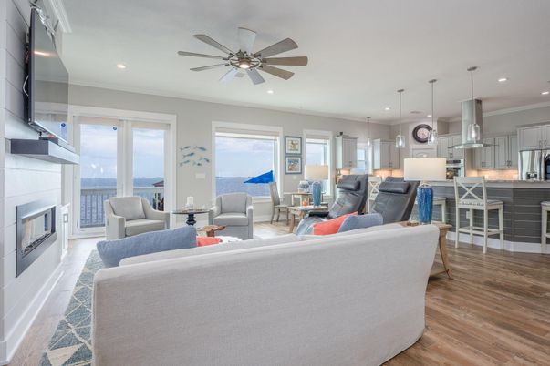 Fireplace, Interior, Kitchen, Living room, Pendant Lights, Recessed Lighting, Water, Wood Texture Flooring