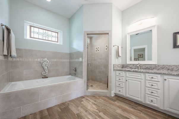 Bathroom, Glass Shower, Interior, Recessed Lighting, Wood Texture Flooring
