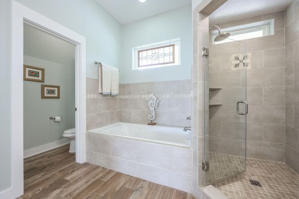 Bathroom, Glass Shower, Interior, Recessed Lighting, Wood Texture Flooring