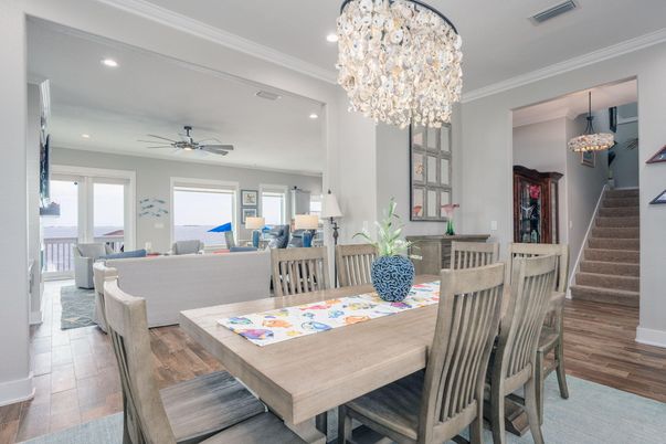 Chandelier, Dining room, Interior, Living room, Pendant Lights, Recessed Lighting, Wood Texture Flooring