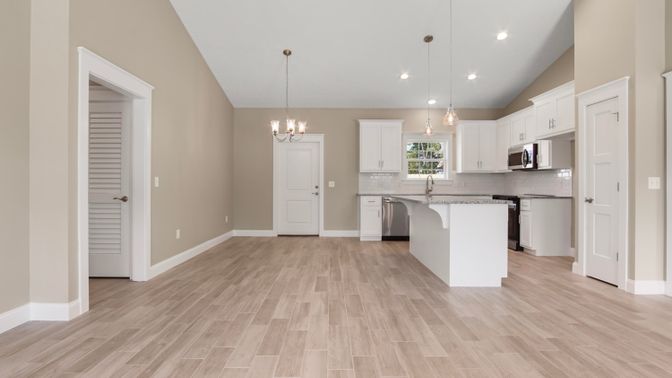 Chandelier, Interior, Kitchen, Pendant Lights, Recessed Lighting, Stainless Steel Appliances, Wood Texture Flooring