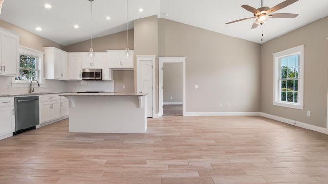 Interior, Kitchen, Pendant Lights, Recessed Lighting, Stainless Steel Appliances, Wood Texture Flooring