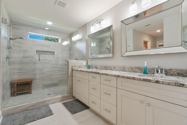 Bathroom, Dual Sink Vanities, Glass Shower, Interior, Recessed Lighting