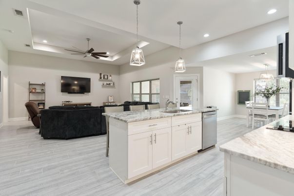 Dining room, Interior, Kitchen, Living room, Pendant Lights, Recessed Lighting, Stainless Steel Appliances, Wood Texture Flooring