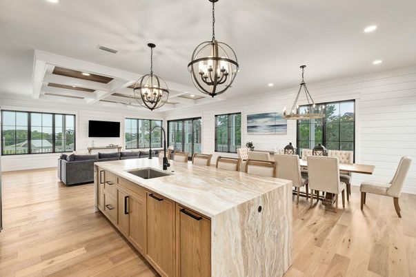 Chandelier, Dining room, Interior, Kitchen, Living room, Pendant Lights, Recessed Lighting, Wood Texture Flooring