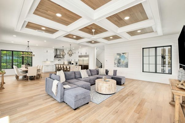 Dining room, Interior, Kitchen, Living room, Pendant Lights, Recessed Lighting, Stainless Steel Appliances, Wooden Ceilings, Wood Texture Flooring