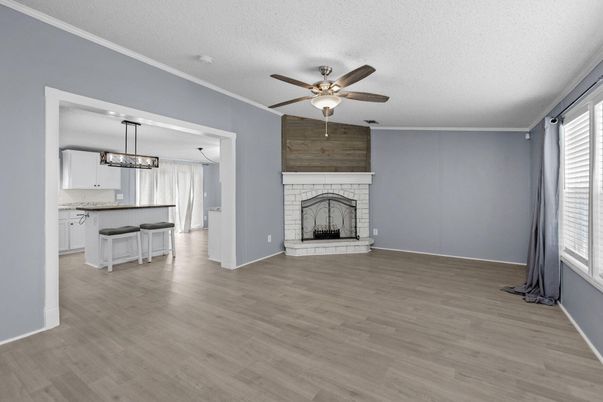 Empty room, Fireplace, Interior, Kitchen, Pendant Lights, Wood Texture Flooring