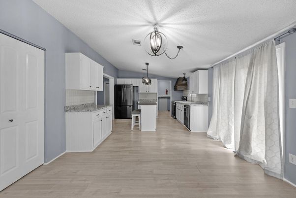 Interior, Kitchen, Pendant Lights, Wood Texture Flooring