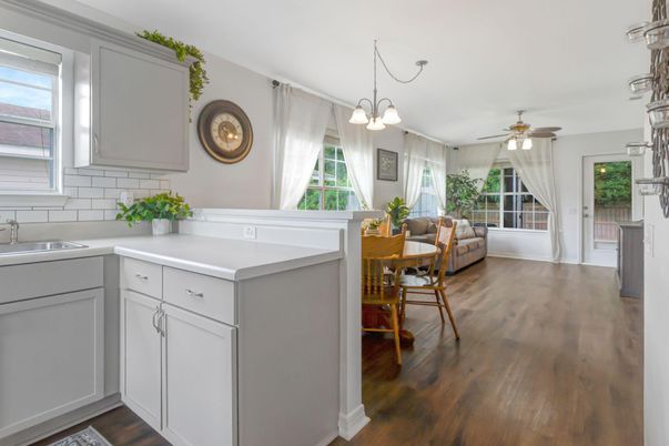 Dining room, Interior, Kitchen, Pendant Lights, Wood Texture Flooring