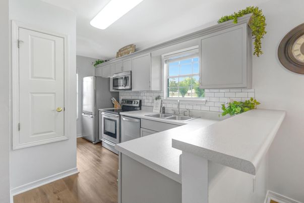 Interior, Kitchen, Stainless Steel Appliances, Wood Texture Flooring