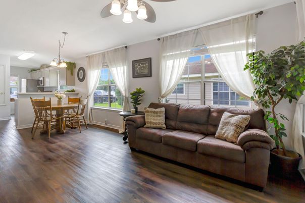 Dining room, Interior, Kitchen, Living room, Pendant Lights, Wood Texture Flooring
