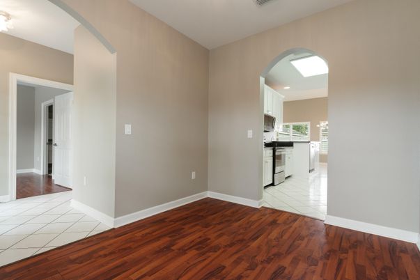 Empty room, Interior, Kitchen, Recessed Lighting, Wood Texture Flooring