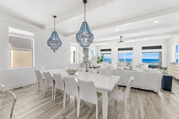 Dining room, Interior, Living room, Pendant Lights, Recessed Lighting, Water, Wood Texture Flooring