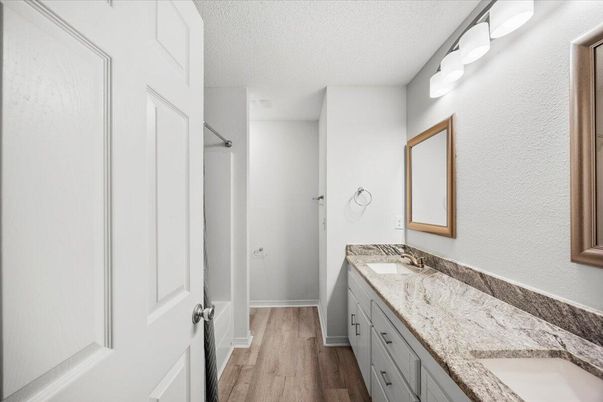 Bathroom, Dual Sink Vanities, Interior, Wood Texture Flooring