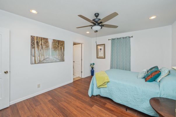 Bedroom, Interior, Recessed Lighting, Wood Texture Flooring