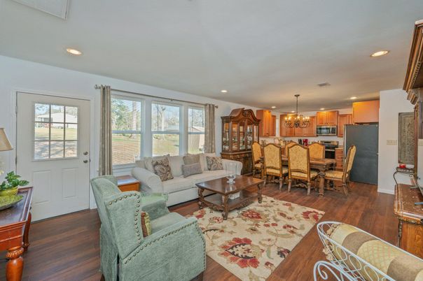 Chandelier, Dining room, Interior, Kitchen, Living room, Recessed Lighting, Stainless Steel Appliances, Wood Texture Flooring