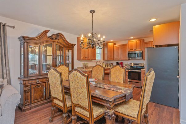 Chandelier, Dining room, Interior, Kitchen, Recessed Lighting, Wood Texture Flooring