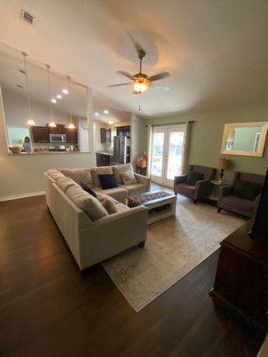 Interior, Kitchen, Living room, Pendant Lights, Stainless Steel Appliances, Wood Texture Flooring