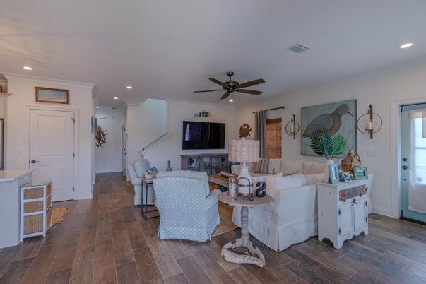 Interior, Living room, Recessed Lighting, Wood Texture Flooring