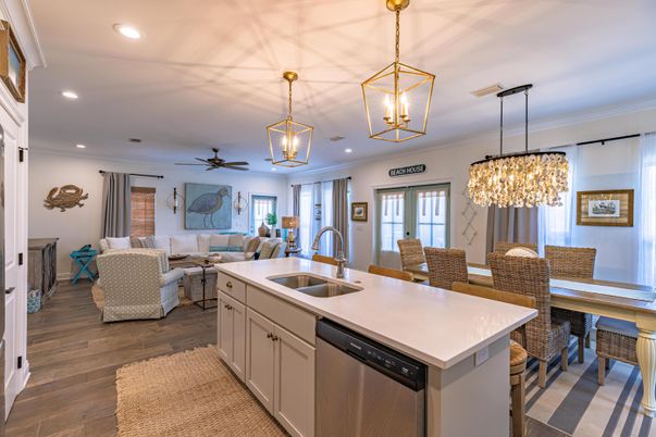 Chandelier, Dining room, Interior, Kitchen, Living room, Pendant Lights, Recessed Lighting, Wood Texture Flooring