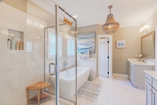 Bathroom, Chandelier, Free Standing Baths, Glass Shower, Interior, Marble, Marble Walls, Recessed Lighting