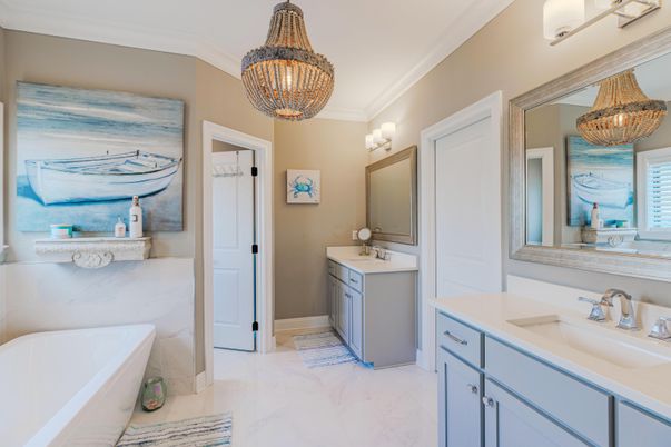 Bathroom, Chandelier, Dual Sink Vanities, Interior, Marble