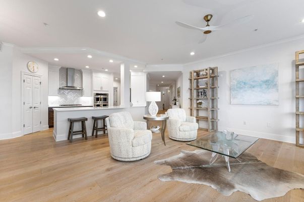Interior, Kitchen, Living room, Recessed Lighting, Stainless Steel Appliances, Wood Texture Flooring