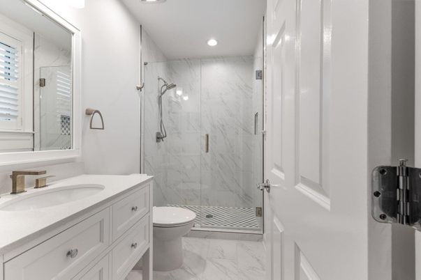 Bathroom, Glass Shower, Interior, Marble, Marble Walls, Recessed Lighting