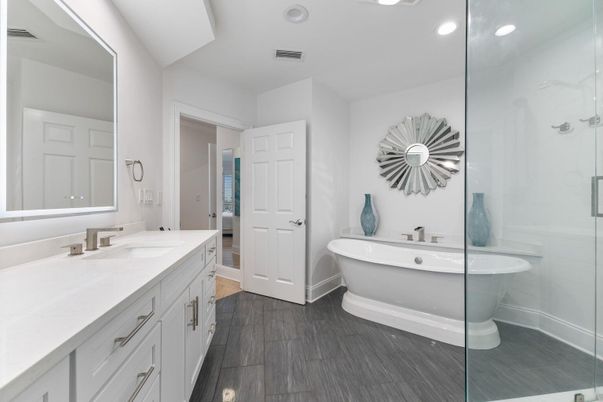 Bathroom, Dual Sink Vanities, Free Standing Baths, Interior, Recessed Lighting, Wood Texture Flooring