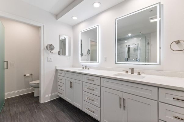 Bathroom, Dual Sink Vanities, Interior, Recessed Lighting, Wood Texture Flooring