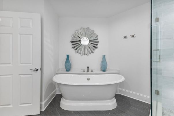 Bathroom, Free Standing Baths, Glass Shower, Interior, Wood Texture Flooring