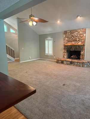 Empty room, Fireplace, Interior, Recessed Lighting, Stone Walls