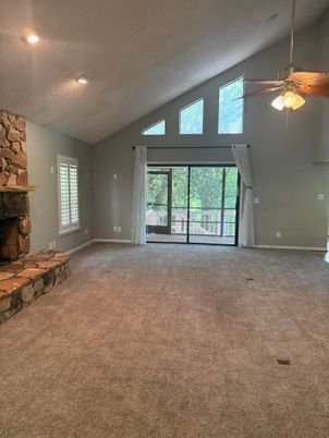 Empty room, Fireplace, Interior, Recessed Lighting, Stone Walls