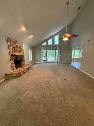 Empty room, Fireplace, Interior, Recessed Lighting, Stone Walls
