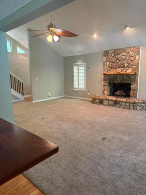 Empty room, Fireplace, Interior, Recessed Lighting, Stone Walls