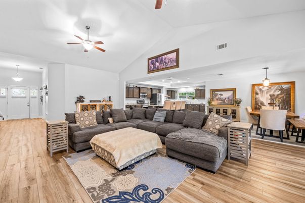 Dining room, Interior, Kitchen, Living room, Pendant Lights, Stainless Steel Appliances, Wood Texture Flooring