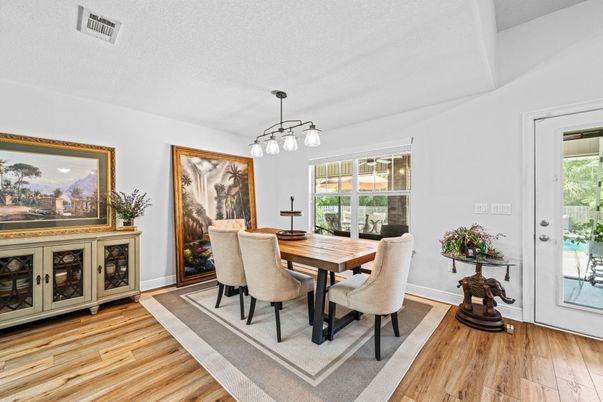 Dining room, Interior, Pendant Lights, Wood Texture Flooring