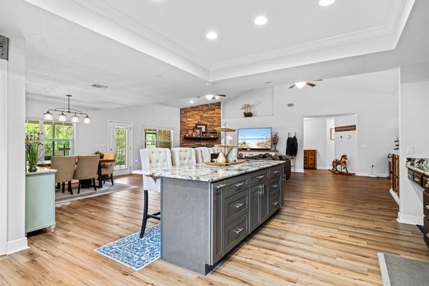 Dining room, Interior, Kitchen, Pendant Lights, Recessed Lighting, Stone Walls, Wood Texture Flooring