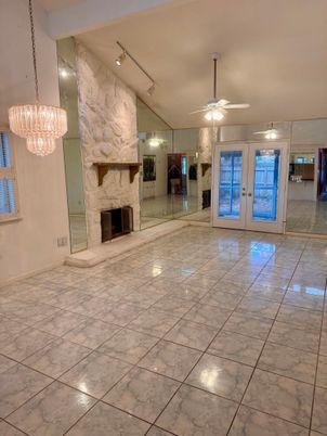 Chandelier, Empty room, Fireplace, Interior, Marble, Stone Walls