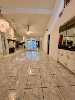 Chandelier, Empty room, Fireplace, Interior, Marble