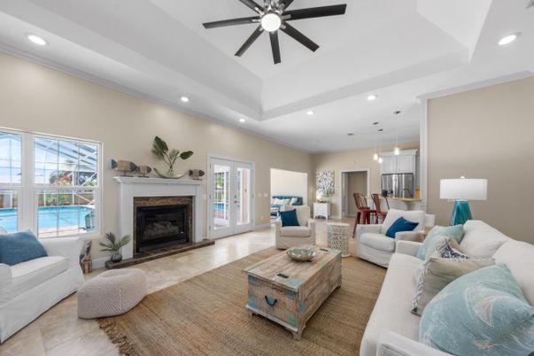 Dining room, Fireplace, Interior, Living room, Pendant Lights, Recessed Lighting