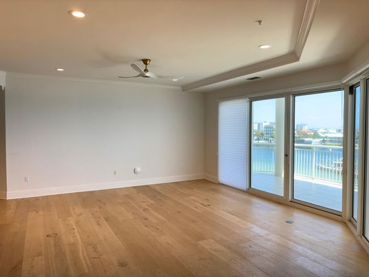 Empty room, Interior, Recessed Lighting, Water, Wood Texture Flooring