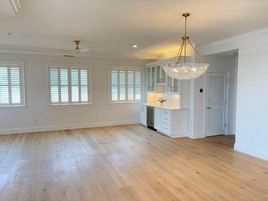 Chandelier, Empty room, Interior, Pendant Lights, Recessed Lighting, Wood Texture Flooring