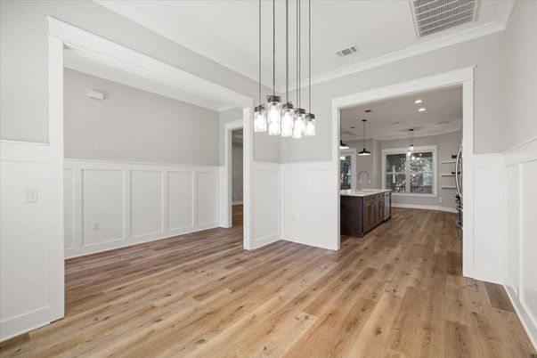 Empty room, Interior, Pendant Lights, Recessed Lighting, Wood Texture Flooring