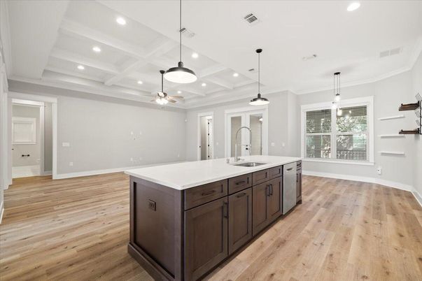 Interior, Kitchen, Pendant Lights, Recessed Lighting, Wood Texture Flooring