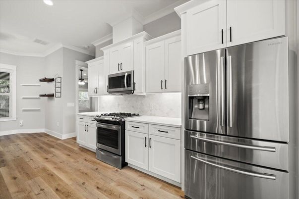 Interior, Kitchen, Recessed Lighting, Stainless Steel Appliances, Wood Texture Flooring
