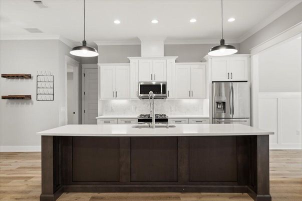Interior, Kitchen, Pendant Lights, Recessed Lighting, Stainless Steel Appliances, Wood Texture Flooring