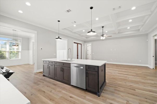 Interior, Kitchen, Pendant Lights, Recessed Lighting, Wood Texture Flooring
