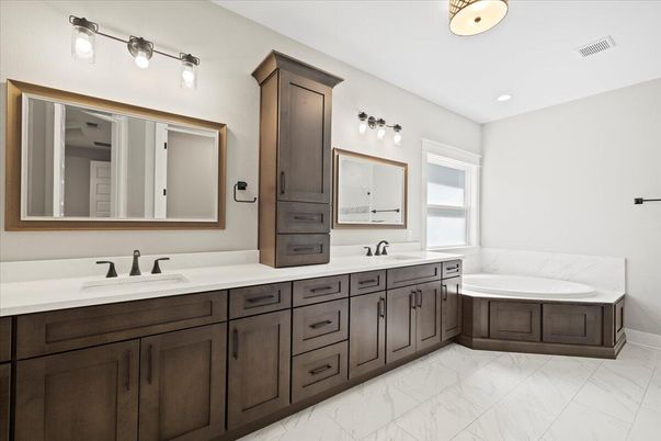 Bathroom, Dual Sink Vanities, Interior, Marble, Recessed Lighting