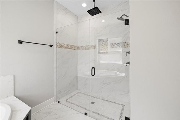 Bathroom, Glass Shower, Interior, Marble, Marble Walls, Recessed Lighting